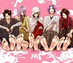  5boys ^_^ barefoot blonde_hair blue_eyes brown_hair closed_eyes feet hachisuka_kotetsu hood japanese_clothes kasen_kanesada kashuu_kiyomitsu male_focus multiple_boys mutsu-no-kami_yoshiyuki ponytail purple_hair scarf sitting soles sunomata toes touken_ranbu track_suit translation_request yamanbagiri_kunihiro 