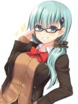  1girl adjusting_glasses aqua_eyes aqua_hair bespectacled bow bowtie breasts brown_blazer brown_jacket glasses grin hair_between_eyes hair_ornament hairclip hand_on_hip highres jiiwara kantai_collection long_hair long_sleeves looking_at_viewer medium_breasts red_bow red_bowtie remodel_(kantai_collection) shirt simple_background smile solo suzuya_(kantai_collection) white_background white_shirt 