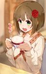  /\/\/\ 1girl :d absurdres blurry blush brown_background brown_hair collarbone commentary_request cup depth_of_field eyebrows_visible_through_hair fang flower foam_mustache green_eyes hair_flower hair_ornament highres holding idolmaster idolmaster_cinderella_girls long_sleeves looking_at_viewer maekawa_miku okitsugu open_mouth revision ribbon-trimmed_clothes ribbon_trim short_hair simple_background smile solo table teacup 