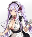  1girl breasts cleavage cup houtengeki large_breasts long_hair looking_at_viewer maid original pointy_ears purple_hair simple_background smile solo teacup twintails upper_body violet_eyes white_background wrist_cuffs 