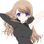  1girl armpits asymmetrical_sleeves black_gloves blue_eyes breasts brown_hair eyebrows_visible_through_hair gloves hand_in_hair highres long_hair looking_at_viewer medium_breasts misteor original parted_lips solo upper_body 
