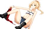  1girl arm_support belt black_boots blonde_hair boots fate/apocrypha fate_(series) flat_chest jewelry long_hair looking_at_viewer mito_yoshihiro necklace ponytail saber_of_red shorts simple_background sitting sleeveless smile solo spread_legs teeth white_background 
