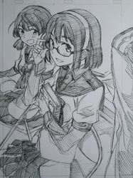  2girls adjusting_glasses akashi_(kantai_collection) alternate_hair_length alternate_hairstyle glasses greyscale hair_ornament hair_ribbon hairband highres hip_vent kantai_collection kojima_takeshi long_hair long_sleeves looking_at_viewer military military_uniform monochrome multiple_girls naval_uniform ooyodo_(kantai_collection) open_mouth pleated_skirt ribbon school_uniform semi-rimless_glasses serafuku short_hair skirt smile thigh-highs traditional_media tress_ribbon under-rim_glasses uniform 