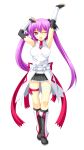  1girl armpits arms_up bangs bare_shoulders beatmania beatmania_iidx belt beltskirt boots elbow_gloves eyebrows_visible_through_hair fingerless_gloves frills gloves highres kinoshita_ichi knee_boots long_hair looking_at_viewer miniskirt mizushiro_celica one_eye_closed open_mouth original pleated_skirt purple_hair ribbon shirt simple_background skirt sleeveless smile solo twintails violet_eyes white_background 