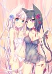  2girls :o animal_ears babydoll bangs bare_shoulders black_hair black_panties blue_eyes blue_flower blush bow bow_panties breasts cat_ears cat_girl cat_tail closed_mouth collarbone cowboy_shot ech eyebrows_visible_through_hair flower hair_flower hair_ornament hand_on_own_thigh highres lingerie long_hair looking_at_viewer medium_breasts multiple_girls navel open_mouth original panties red_flower small_breasts strap_slip tail underwear violet_eyes white_bow white_hair white_panties 