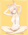  1girl armpits arms_up bare_legs barefoot breasts bunny_pose cleavage collarbone dress fate/grand_order fate_(series) hair_over_one_eye highres indian_style large_breasts panties pantyshot pantyshot_(sitting) pink_hair shielder_(fate/grand_order) short_dress simple_background sitting smile solo throtem underwear violet_eyes white_dress white_panties 