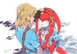  1boy 1girl blonde_hair blush fins fish_girl jewelry link long_hair mipha monster_girl multicolored multicolored_skin necklace no_eyebrows ponytail red_skin redhead serizawa_nae the_legend_of_zelda the_legend_of_zelda:_breath_of_the_wild white_skin yellow_eyes zora 
