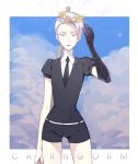  androgynous black_gloves black_neckwear black_shorts cairngorm_(houseki_no_kuni) character_name elbow_gloves gem_uniform_(houseki_no_kuni) gloves head_wreath highres houseki_no_kuni necktie shiroki shirt short_hair short_sleeves shorts single_glove solo weapon white_eyes white_hair white_shirt 