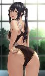  &gt;:o 1girl :o adjusting_clothes adjusting_swimsuit ass bent_over black_hair blurry commentary competition_swimsuit cowboy_shot depth_of_field elf_(houtengeki) from_behind hair_between_eyes hair_ribbon houtengeki long_hair looking_at_viewer looking_back one-piece_swimsuit open_mouth original pointy_ears ribbon solo swimsuit trefoil twintails white_ribbon yellow_eyes 