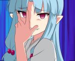  1girl blue_hair chuunibyou derivative_work evil_grin evil_smile gabriel_dropout grin hair_bobbles hair_ornament hand_on_own_face kaiven kiriha_(tsugumomo) kurumizawa_satanichia_mcdowell long_hair oozora_naomi parody pointy_ears pose red_eyes screencap_redraw seiyuu_connection smile tsugumomo 