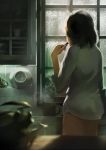  1girl absurdres alternate_costume biwaman black_hair blurry cup cupboard depth_of_field eating from_behind highres indoors kantai_collection kiso_(kantai_collection) kitchen light light_particles long_sleeves mug no_pants plate rain shirt short_hair solo steam thighs white_shirt window 