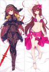  1girl arm_behind_back arm_up armor armpits bakugadou bangs bare_arms barefoot bed_sheet bikini blush bodysuit bracelet breasts brown_hair closed_mouth collarbone covered_navel dakimakura fate/grand_order fate_(series) flower full_body gae_bolg gluteal_fold groin hair_between_eyes hair_flower hair_intakes hair_ornament head_tilt heart holding holding_weapon jewelry knees_together_feet_apart large_breasts leg_garter legs_together long_hair looking_at_viewer lying multiple_views navel no_shoes on_back pauldrons pendant pink_bikini polearm purple_bodysuit red_eyes sarong scathach_(fate/grand_order) shoulder_armor sidelocks smile spear stomach swimsuit thigh_gap transparent very_long_hair weapon 