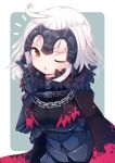  1girl ahoge armor beni_shake blush breast_hold breasts brown_eyes cape chains fate/grand_order fate_(series) frown fur_collar gauntlets gloves headpiece jeanne_alter looking_at_viewer medium_breasts one_eye_closed open_mouth ruler_(fate/apocrypha) short_hair solo triangle_mouth white_background white_hair 