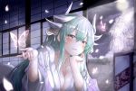  1girl aqua_hair architecture bangs blush breasts butterfly chin_rest cleavage commentary_request dragon_girl dragon_horns east_asian_architecture fate/grand_order fate_(series) fuu_(fuore) hair_between_eyes hair_ornament highres horns japanese_clothes kimono kiyohime_(fate/grand_order) long_hair looking_at_viewer lying medium_breasts moon night night_sky on_stomach open_mouth sidelocks sky solo tree white_kimono yellow_eyes 