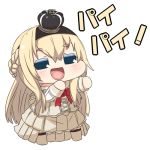  1girl blonde_hair blue_eyes bow braid chibi comic commentary_request crown dress hairband hand_on_own_chin kantai_collection long_hair long_sleeves lowres mini_crown off-shoulder_dress off_shoulder open_mouth outstretched_arm puchimasu! smile solo standing thigh-highs translation_request warspite_(kantai_collection) white_background yuureidoushi_(yuurei6214) 