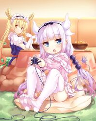  2girls black_hairband blonde_hair blue_eyes controller dragon_girl dragon_horns dragon_tail eyebrows_visible_through_hair feet food fruit full_body game_controller gloves hairband highres horns kanna_kamui kobayashi-san_chi_no_maidragon kotatsu lavender_hair long_hair looking_at_viewer maid maid_headdress mandarin_orange multiple_girls no_shoes open_mouth sitting skirt soles table tail thigh-highs toes tooru_(maidragon) ttnap twintails white_gloves white_legwear white_skirt yellow_eyes 