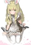  1girl animal_ears apron blonde_hair curly_hair dress elin_(tera) emily_(pure_dream) from_above high_heels highres long_hair looking_up maid mary_janes rabbit_ears shoes sitting solo tera_online thigh-highs white_legwear yellow_eyes 