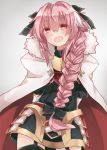  1boy black_legwear blush braid cape chieezuik fang fate/apocrypha fate/grand_order fate_(series) garter_straps hair_ribbon highres long_hair looking_at_viewer open_mouth pink_eyes pink_hair ribbon rider_of_black shaded_face single_braid smile solo thigh-highs trap 