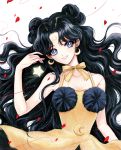  1girl bishoujo_senshi_sailor_moon black_hair blue_eyes bow collarbone crescent crescent_earrings dress earrings facial_mark forehead_mark hair_bun highres jewelry long_hair looking_at_viewer luna_(sailor_moon) luna_(sailor_moon)_(human) pagaraga personification petals smile solo upper_body wavy_hair white_background yellow_bow yellow_dress 