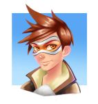  1girl brown_hair face goggles looking_at_viewer portrait roblemes short_hair smile solo tracer_(overwatch) 