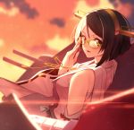  1girl breasts clouds cloudy_sky detached_sleeves eyebrows_visible_through_hair glasses headband kantai_collection kirishima_(kantai_collection) light_rays looking_at_viewer looking_back medium_breasts nagareboshi nontraditional_miko orange_sky outdoors parted_lips ribbon-trimmed_sleeves ribbon_trim short_hair sky solo sunset upper_body yellow-framed_eyewear 