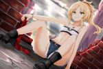  1girl arm_support belt black_boots blonde_hair blurry blurry_background boots fate/apocrypha fate_(series) flat_chest jewelry long_hair looking_at_viewer mito_yoshihiro necklace ponytail saber_of_red shorts sitting sleeveless smile solo spread_legs teeth wall 