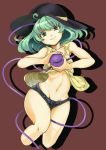  1girl ^_^_(k-4610) alternate_costume alternate_hairstyle bad_anatomy bare_shoulders commentary_request cropped_legs denim denim_shorts green_eyes green_hair hat highres komeiji_koishi looking_at_viewer navel shorts smile solo thighs third_eye touhou wide_hips 