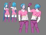  1boy 1girl abs adonis_belt aqua_hair character_sheet crop_top denim dress elbow_gloves genderswap genderswap_(ftm) gloves grey_background highres japan_animator_expo jeans long_hair male_focus me!me!me! meme_(me!me!me!) multiple_views muscle pants patt-fry purple_gloves short_hair simple_background skin_tight sleeveless sleeveless_dress smile turnaround violet_eyes 