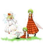  3girls :d ^_^ arms_behind_back ascot black_shoes blonde_hair bloom bow bowtie capelet closed_eyes collared_shirt danmaku dress fairy_wings flower green_eyes green_hair hat hat_bow juliet_sleeves kazami_youka kazami_yuuka lily_white long_hair long_sleeves multiple_girls open_mouth outstretched_arms pigeon-toed pink_umbrella plaid plaid_skirt plaid_vest puffy_sleeves red_bow red_bowtie red_shoes red_skirt red_vest shirt shoes short_hair sitting skirt smile spring_(season) touhou umbrella vest wariza white_dress white_hat white_shirt wide_sleeves wings yellow_ascot yokochou 