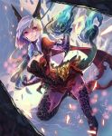  1girl artist_request cape claws cygames dragon_girl dragon_horns dragon_tail embers fire fur_trim grin horns official_art red_eyes scales shadowverse shingeki_no_bahamut smile tail white_hair wildfang_dragonewt 