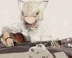  1girl :o acoustic_guitar alternate_costume animal_ears blonde_hair bow bowtie bracelet cat_ears custom_(cus-tom) eyebrows eyebrows_visible_through_hair eyelashes food grey_background guitar hair_between_eyes instrument japari_bun jewelry kemono_friends long_sleeves mewhan multicolored_hair music no_gloves open_mouth playing_instrument sand_cat_(kemono_friends) shirt short_hair singing sketch solo streaked_hair striped striped_bow striped_bowtie tareme white_shirt yellow_eyes 
