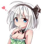  1girl ahoge alternate_costume bare_arms bare_shoulders blue_eyes blush bob_cut body_blush bow bowtie breasts camisole casual cleavage contemporary detached_collar finger_to_mouth hairband heart highres konpaku_youmu looking_at_viewer low-cut ryogo short_hair small_breasts solo tareme touhou white_hair wrist_cuffs 