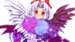  1girl absurdres angel_wings blue_hair blue_rose blush bouquet elma_(makai_shin_trillion) eyebrows_visible_through_hair feathers female fingernails flower game_cg hair_ribbon highres looking_at_viewer makai_shin_trillion nanameda_kei official_art red_eyes red_rose ribbon rose smile solo sparkle white_background wings 