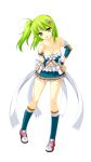  1girl bare_shoulders beatmania beatmania_iidx beltskirt blush breasts cleavage collarbone detached_sleeves eyebrows_visible_through_hair full_body green_eyes green_legwear hair hair_ornament hairclip hand_on_hip highres kinoshita_ichi kitami_erika looking_at_viewer medium_breasts midriff miniskirt open_mouth ponytail shoes side_ponytail simple_background skirt sneakers socks solo white_background wristband 
