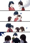  1boy 5girls akagi_(kantai_collection) arm_up bangs black_hair blue_hair bow breasts brown_hair butterfly butterfly_on_head carrying closed_eyes comic commentary gloves green_bow hair_between_eyes hair_bow hair_ribbon high_ponytail hiryuu_(kantai_collection) houshou_(kantai_collection) japanese_clothes kaga_(kantai_collection) kantai_collection kimono long_hair long_sleeves military military_uniform multiple_girls one_side_up ponytail ribbon short_hair side_ponytail simple_background smile souryuu_(kantai_collection) straight_hair swept_bangs tachikoma_(mousou_teikoku) tasuki twintails uniform white_background white_gloves white_ribbon younger 