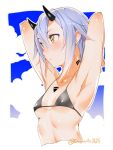  1girl armpits arms_behind_back arms_up bad_id bad_twitter_id bangs bikini black_bikini breasts collarbone cropped_torso hair_between_eyes horns io_(pso2) looking_to_the_side ouchi_kaeru phantasy_star phantasy_star_online_2 short_hair_with_long_locks sidelocks sketch small_breasts solo swimsuit twitter_username upper_body yellow_eyes 