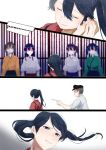  1boy 5girls akagi_(kantai_collection) bangs black_hair blue_hair blush bow breasts brown_hair closed_eyes comic flat_cap green_bow hair_between_eyes hair_bow hair_ribbon hakama hand_on_another&#039;s_cheek hand_on_another&#039;s_face hat high_ponytail hiryuu_(kantai_collection) holding holding_paper houshou_(kantai_collection) japanese_clothes kaga_(kantai_collection) kantai_collection kimono long_hair military military_uniform multiple_girls one_side_up paper ponytail ribbon short_hair short_sleeves side_ponytail smile souryuu_(kantai_collection) straight_hair swept_bangs tachikoma_(mousou_teikoku) tasuki twintails uniform white_ribbon 