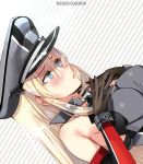  1girl bare_shoulders bismarck_(kantai_collection) blonde_hair blue_eyes breasts collar elbow_gloves gloves grey_gloves hair_between_eyes hands_on_breasts hat hayakawa_akari impossible_clothes kantai_collection large_breasts long_hair parted_lips peaked_cap solo striped striped_background 