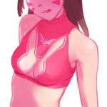  1girl alternate_costume bangs breasts brown_hair bunny_cutout character_name cleavage_cutout close-up clothes_writing d.va_(overwatch) erect_nipples facepaint facial_mark facing_viewer head_out_of_frame licking_lips long_hair midriff overwatch pink_shirt shirt simple_background sleeveless sleeveless_shirt small_breasts solo swept_bangs temproar tongue tongue_out upper_body whisker_markings white_background 
