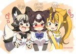  3girls african_wild_dog_(kemono_friends) anchovy animal_ears blush brown_bear_(kemono_friends) carpaccio girls_und_panzer high_ponytail kemono_friends multiple_girls pepperoni_(girls_und_panzer) short_hair tail 