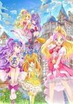  5girls :d absurdres arm_up asahina_mirai black_hat black_legwear blonde_hair boots bow brown_eyes brown_hair choker clouds cloudy_sky collarbone cure_flora cure_magical cure_miracle cure_rosetta dokidoki!_precure dress earrings frilled_dress frills gloves go!_princess_precure green_eyes hair_ornament hand_on_own_knee haruno_haruka hat high_heel_boots high_heels highres holding izayoi_liko jewelry knee_boots kneehighs looking_at_viewer magical_girl mahou_girls_precure! milky_rose mimino_kurumi mini_hat multicolored_hair multiple_girls open_mouth outdoors pink_hair pink_hat precure purple_hair red_eyes short_sleeves sky smile standing two-tone_hair white_boots white_gloves wings witch_hat yellow_bow yes!_precure_5 yotsuba_alice yuutarou_(fukiiincho) 