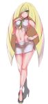  1girl bare_legs bare_shoulders blonde_hair blush breasts collarbone crop_top diamond_(shape) full_body green_eyes hair_over_one_eye hand_on_hip hevn high_heels highres legs long_hair looking_at_viewer lusamine_(pokemon) mature midriff navel pokemon pokemon_(game) pokemon_sm shiny shiny_skin sideboob simple_background skirt smile solo stomach very_long_hair white_background 