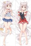  1girl ahoge animal_ears bakugadou bangs bare_arms bare_legs barefoot bed_sheet blue_skirt blush bow breasts brown_eyes chiya_(urara_meirochou) collarbone dakimakura eyebrows_visible_through_hair full_body hair_between_eyes hair_bobbles hair_bow hair_down hair_ornament knees_together_feet_apart long_hair long_ponytail looking_at_viewer lying midriff miniskirt multiple_views navel no_bra on_back open_mouth parted_lips pleated_skirt ponytail red_skirt see-through shirt sidelocks skirt sleeveless small_breasts smile stomach striped striped_bow striped_shirt thigh_gap urara_meirochou very_long_hair white_hair yellow_bow 