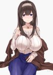  1girl bad_id bad_twitter_id bangs bare_shoulders black_hair blue_eyes blue_skirt blush breasts closed_mouth collarbone eyebrows_visible_through_hair grey_background grey_sweater hair_between_eyes hair_tousle hairband huge_breasts idolmaster idolmaster_cinderella_girls light_smile long_hair long_skirt looking_at_viewer off-shoulder_sweater ouchi_kaeru ribbed_sweater sagisawa_fumika shawl sidelocks simple_background sitting skirt smile solo sweater white_background 