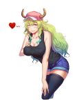  1girl ;) absurdres bangs bare_shoulders baseball_cap black_eyes black_legwear black_shirt blonde_hair blue_hair blue_shorts blush breasts cleavage closed_mouth collarbone cowboy_shot dragon_girl dragon_horns erect_nipples eyebrows_visible_through_hair eyelashes fingernails gradient_eyes gradient_hair green_hair hair_between_eyes hand_on_breast hand_on_lap hand_up hat heart highres horns kobayashi-san_chi_no_maidragon large_breasts leaning_forward legs_together lips long_hair looking_at_viewer multicolored multicolored_eyes multicolored_hair one_eye_closed pink_hat pink_lips quetzalcoatl_(maidragon) shirt short_shorts shorts simple_background sleeveless sleeveless_shirt slit_pupils smile solo standing tank_top thigh-highs violet_eyes wavy_hair white_background yellow_pupils yin_lan_xue 