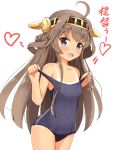 1girl ahoge aikawa_ryou blue_swimsuit brown_eyes brown_hair covered_navel cowboy_shot double_bun hairband headgear highres kantai_collection kongou_(kantai_collection) long_hair one-piece_tan school_swimsuit simple_background solo swimsuit tan tanline white_background younger 
