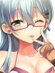  1girl aqua_eyes aqua_hair bare_shoulders bespectacled blush bra breasts collarbone finger_to_mouth fingernails glasses hair_between_eyes hair_ornament hairclip kantai_collection large_breasts nail_polish one_eye_closed open_clothes parted_lips purple_bra red_nails remodel_(kantai_collection) silly_(marinkomoe) sleeves_past_wrists solo suzuya_(kantai_collection) tongue tongue_out underwear 