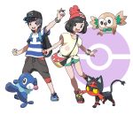  &gt;:d 1boy 1girl :d bag bangs bare_arms baseball_cap beanie bird black_eyes black_pants blue_shoes bob_cut bracelet capri_pants cat clenched_hand collarbone feathers female_protagonist_(pokemon_sm) floral_print flying full_body green_shorts handbag hat highres holding holding_poke_ball horizontal_stripes jewelry leaf leg_up legs_apart litten looking_at_viewer male_protagonist_(pokemon_sm) open_mouth outline owl pants parted_bangs paws pocket poke_ball poke_ball_theme pokemon pokemon_(creature) pokemon_(game) pokemon_sm popplio red_hat rowlet sea_lion shirt shoes short_hair short_sleeves shorts simple_background smile sneakers standing standing_on_one_leg strap striped striped_shirt tabby_cat teeth teru_zeta tied_shirt tongue white_background yellow_shirt z-ring 