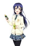  1girl :d black_legwear blue_hair blue_skirt cowboy_shot green_necktie hair_ornament hairclip holding long_hair looking_at_viewer love_live! love_live!_school_idol_project necktie open_mouth pantyhose pleated_skirt shirt skirt smile solo sonoda_umi standing star star_hair_ornament striped striped_necktie sweater transparent_background white_shirt white_sweater yellow_eyes 