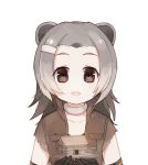  :d antenna_hair bangs_pinned_back bare_shoulders beaver_ears brown_eyes choker collarbone elbow_gloves gloves gradient green_hair hair_ornament hairclip hiragi_rin house jacket kemono_friends looking_at_viewer medium_hair north_american_beaver_(kemono_friends) open_mouth simple_background sleeveless smile torn_clothes torn_sleeves upper_body white_background 
